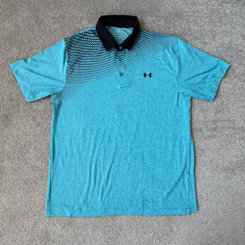 EUC Under Armour Men's The Playoff Polo Aqua Blue with Black Stripes Size Large